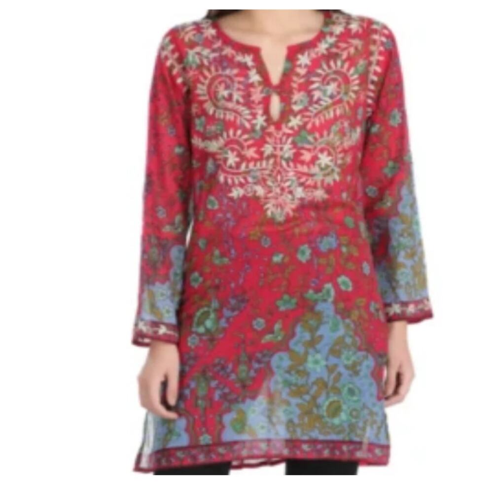 Raj Pink Silk Embroidered Floral Sheer Long Sleeve Tunic Top Small